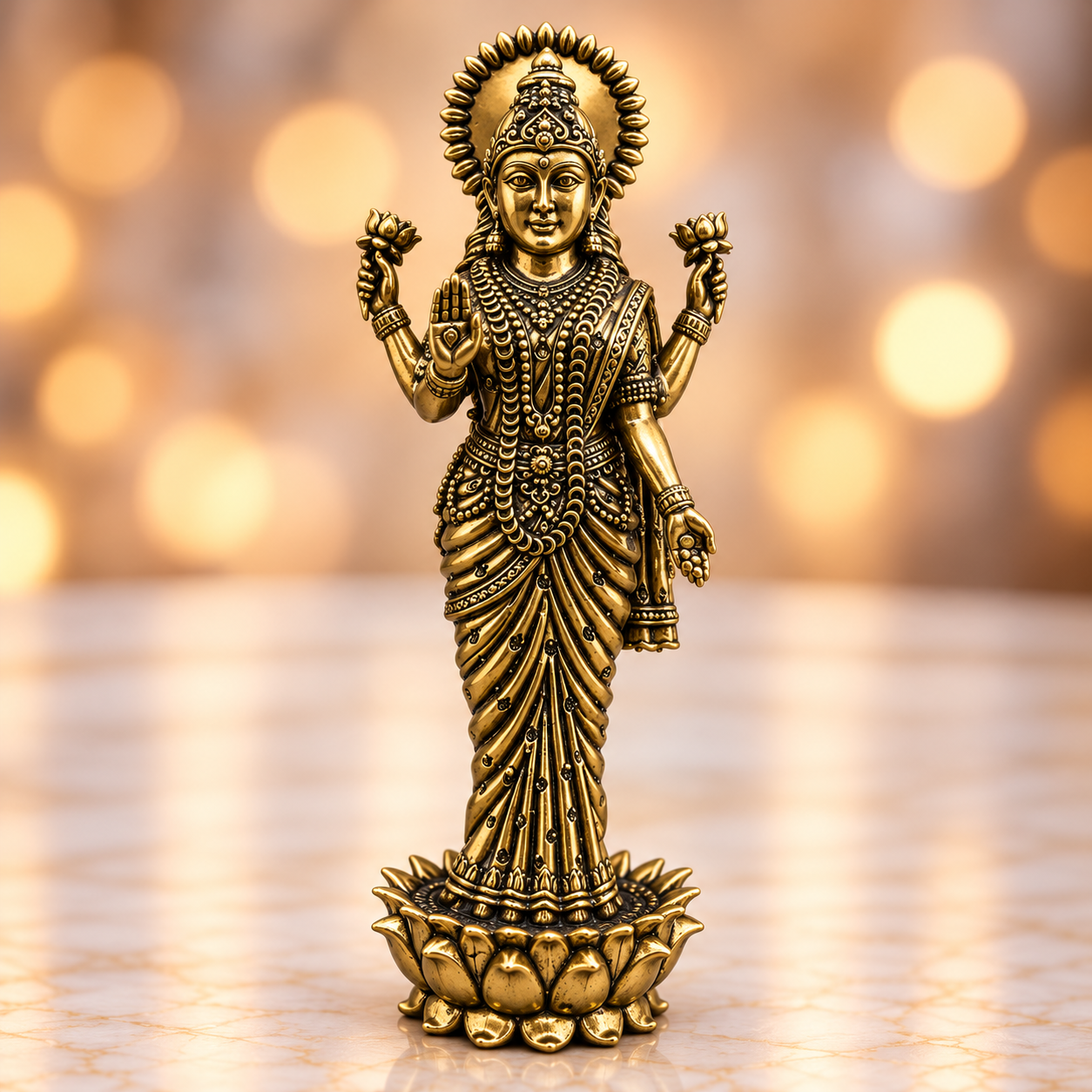 Brass Antique Lakshmi on lotus idol base 9 Inches