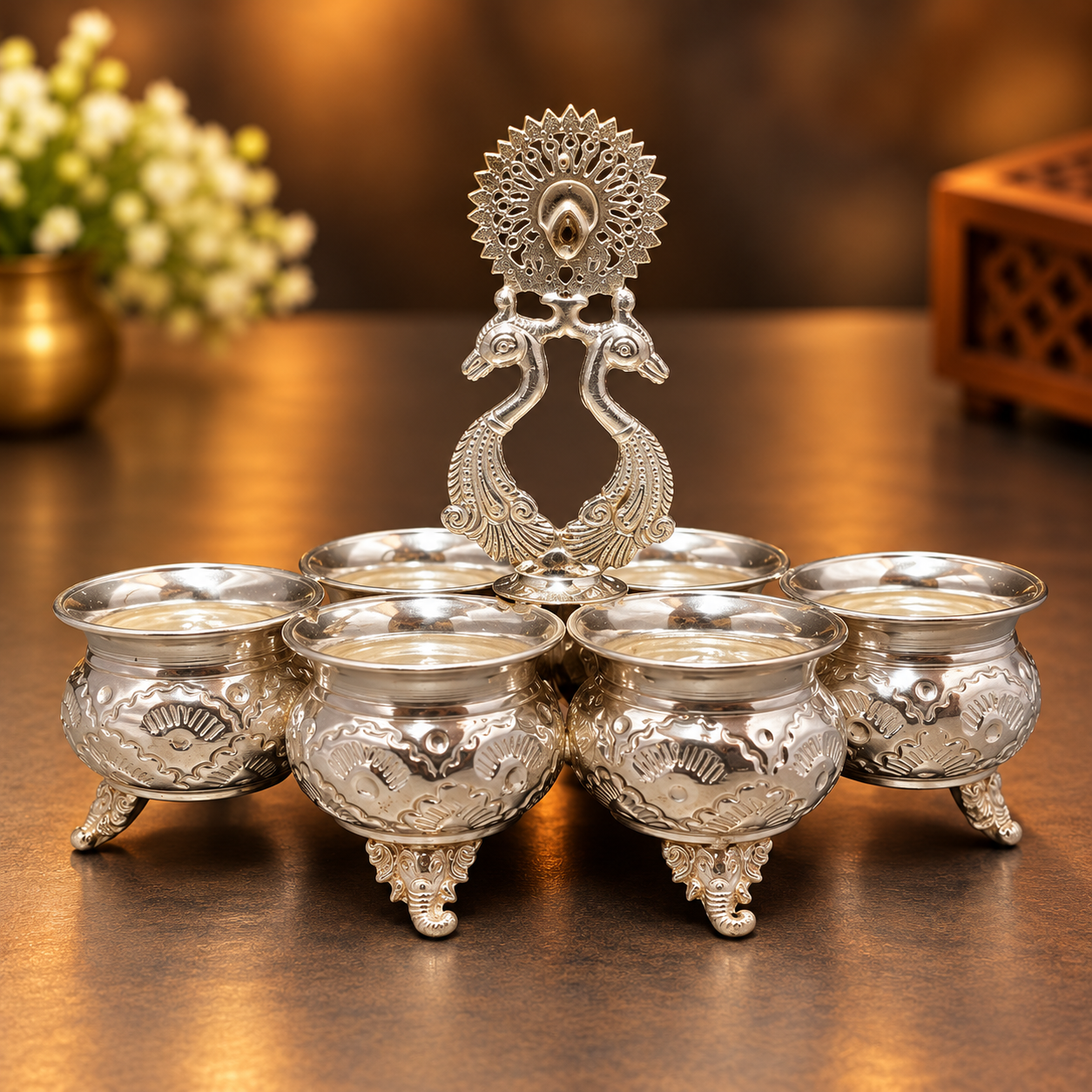GS 3d peacock oval shaped 6 cup panchwala with ganesha legs 9"