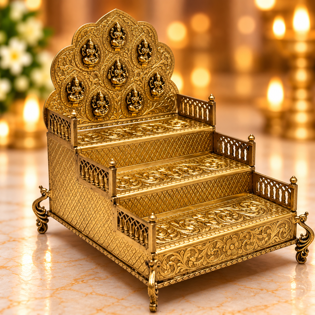 Antique Brass 3 Step Simhasanam(Ashtalakshmi) 8/11.5 Inch