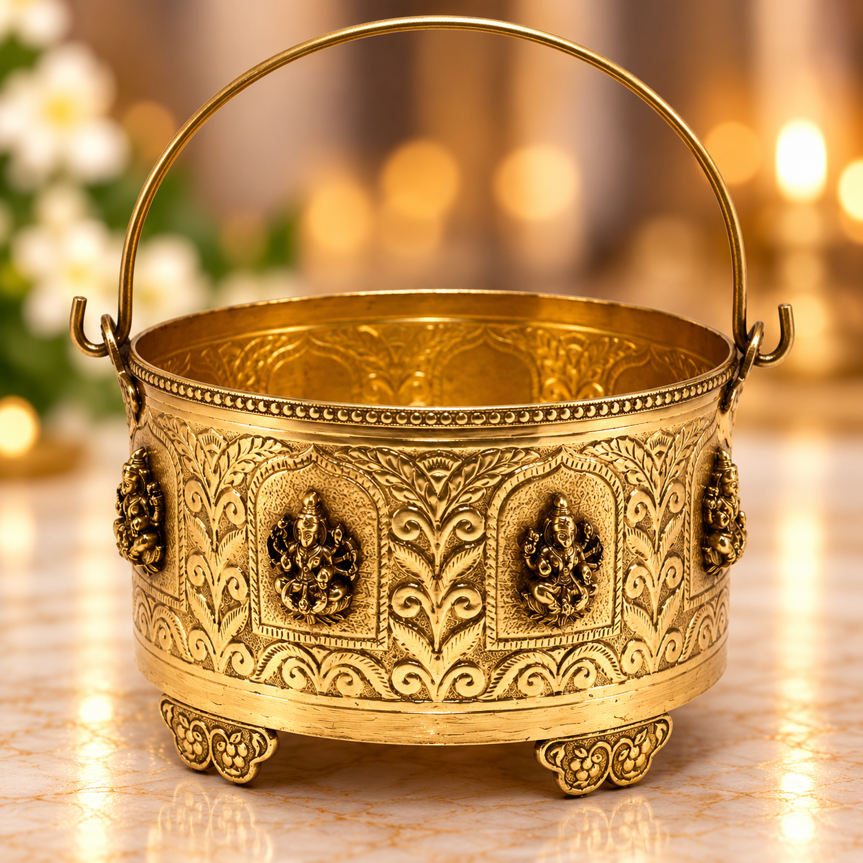 Antique Brass Ashtalakshmi Oval Shape Basket 8.8/5.8 Inch