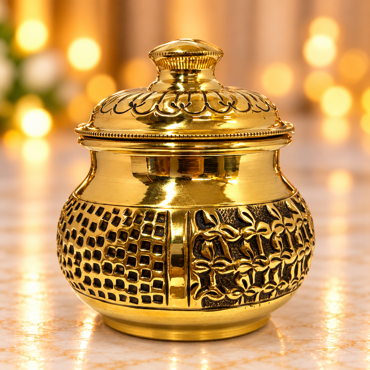 Brass Antique Kumkum Dabbi With Lid 2.3/3.5 Inch